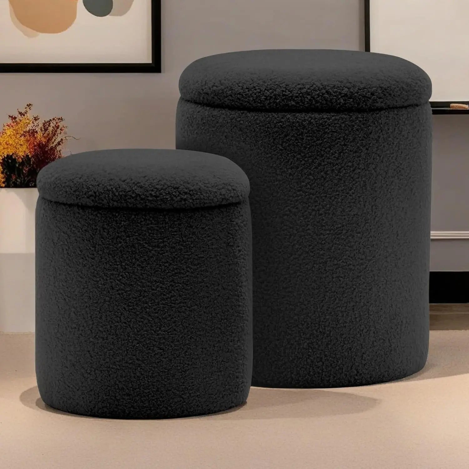 Round Ottoman With Storage Set Of 2, Small Vanity Stool With Storage As Vanity Chair, Sherpa Black Ottoman Foot Rest For Small