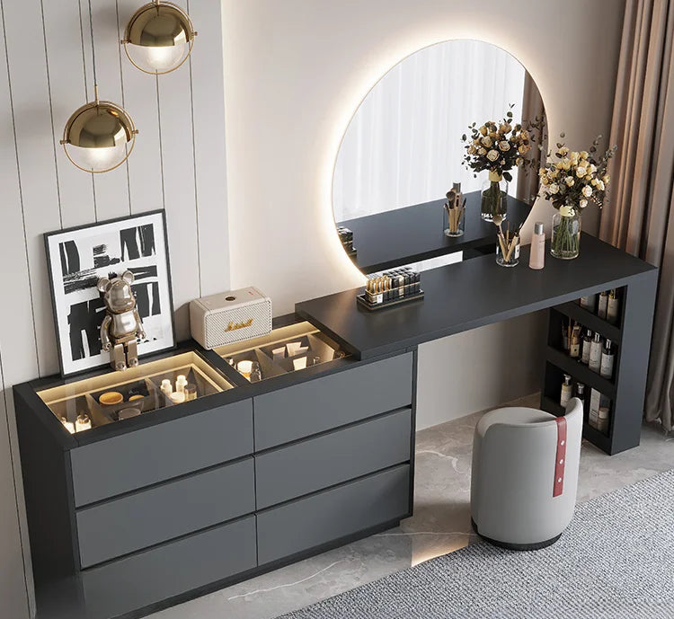 Minimalist Extendable Dresser Integrated Glass & Solid Wood Large Round Mirror 6-drawer For Makeup Table Bedroom