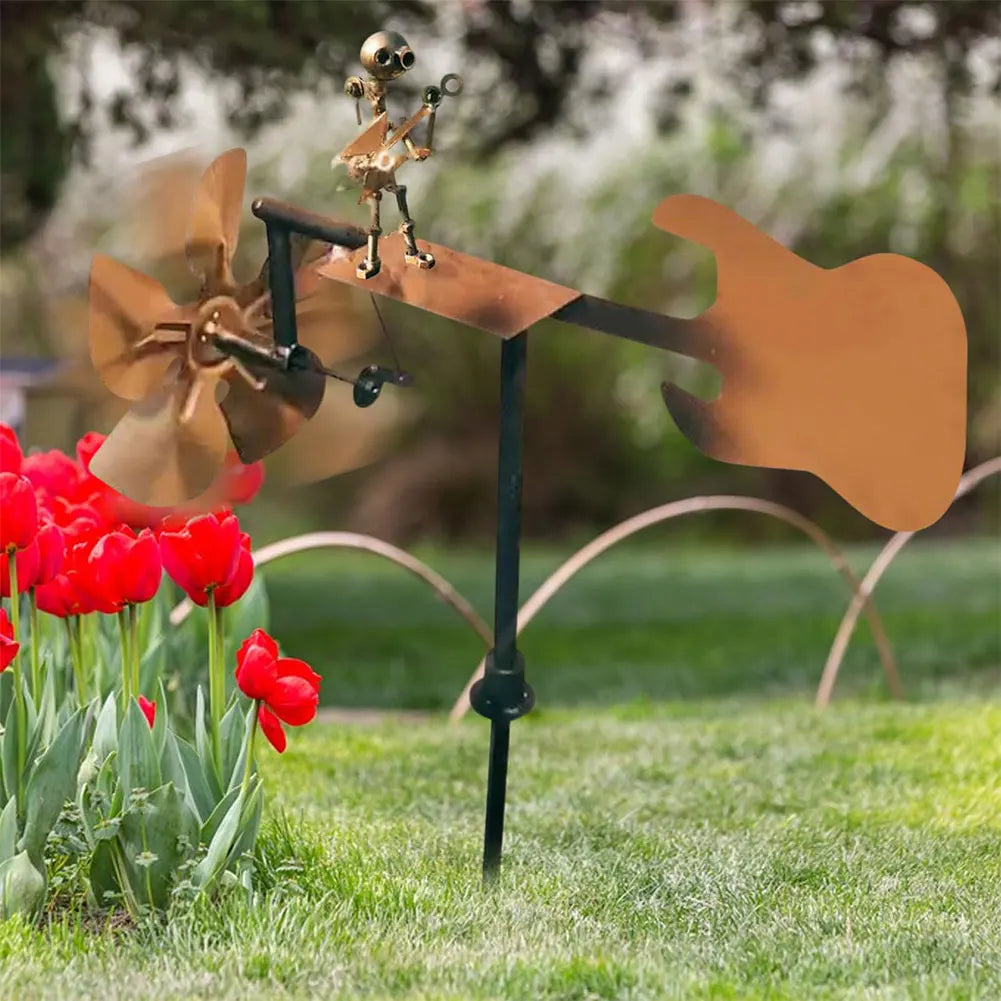 NEW Handmade Metal Drummer Windmill Garden Statue Metal Guitar Wind Spinner Decorative Power Rock Art for Lawn Porch Yard Decor
