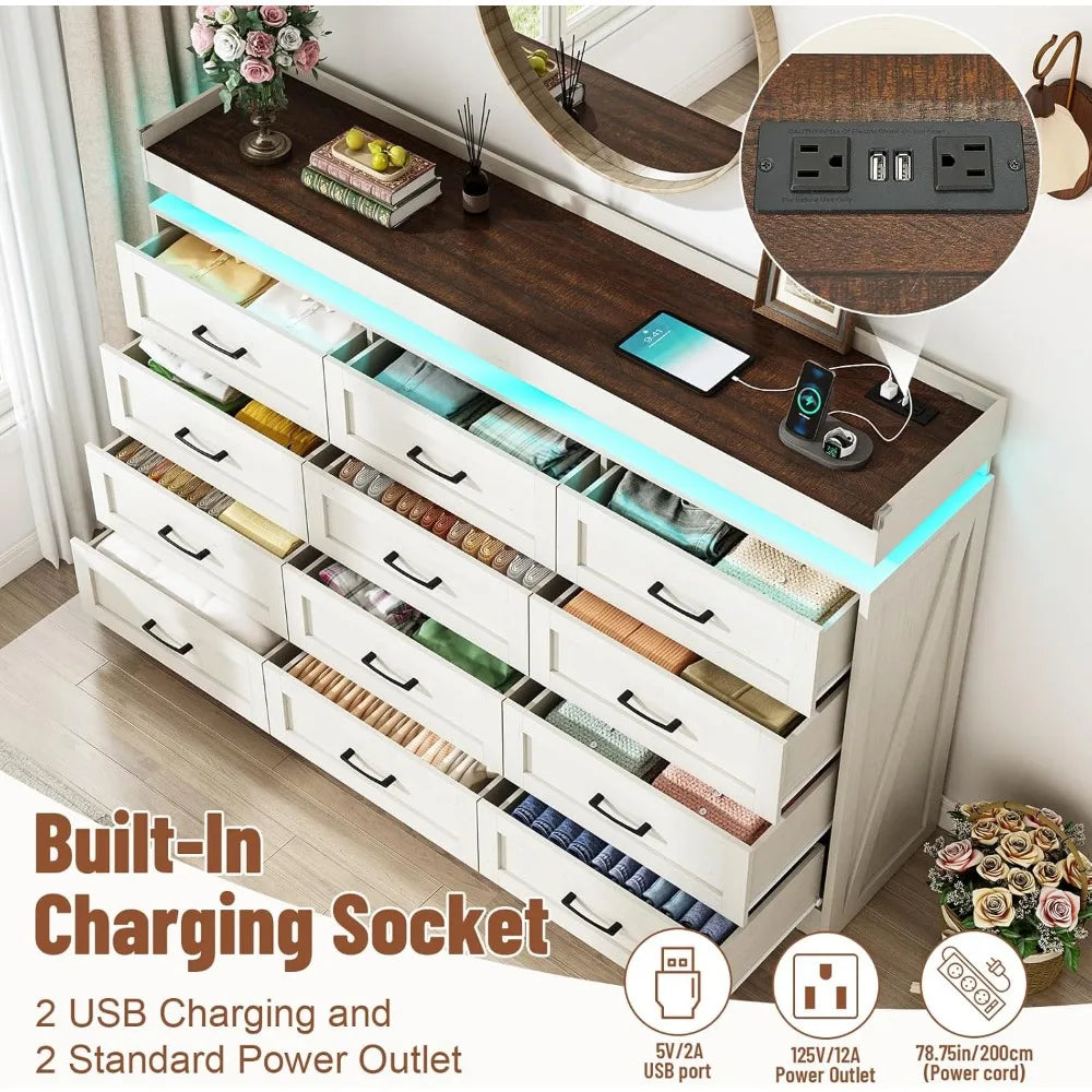 71" Wide 46" Tall Large Farmhouse 12 Drawers Dresser for Bedroom with LED Light and Power Outlets,Wood Rustic 12 Chests of Drawe