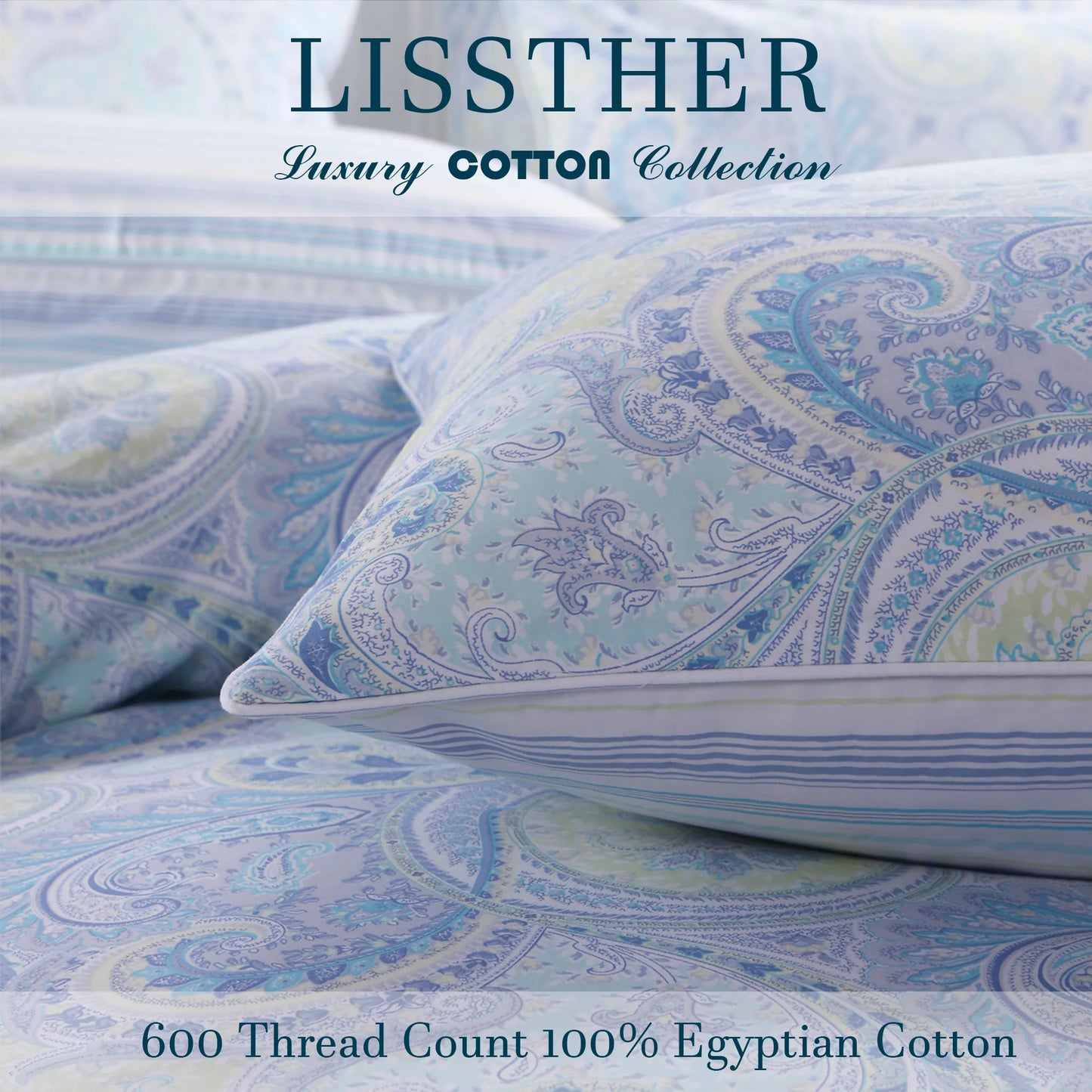 3pcs 600TC 100% Egyptian Cotton Duvet Cover Set, Vintage Blue Damask Paisley, Soft Skin-Friendly (No Inserts)