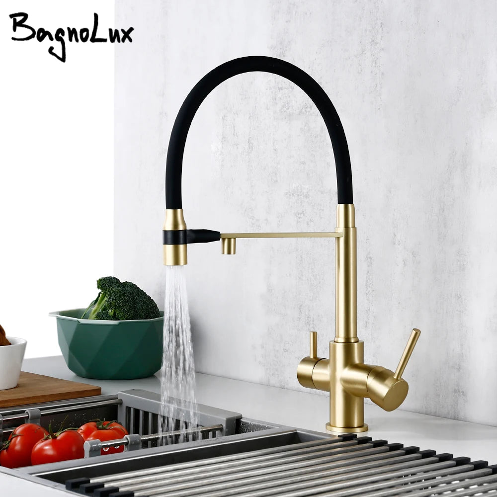 Brushed Gold Kitchen Faucet Filter 360 Swivel Pure Water Tap for 3 Ways Kitchen Pull Out Purification Water Mixer Double Handle