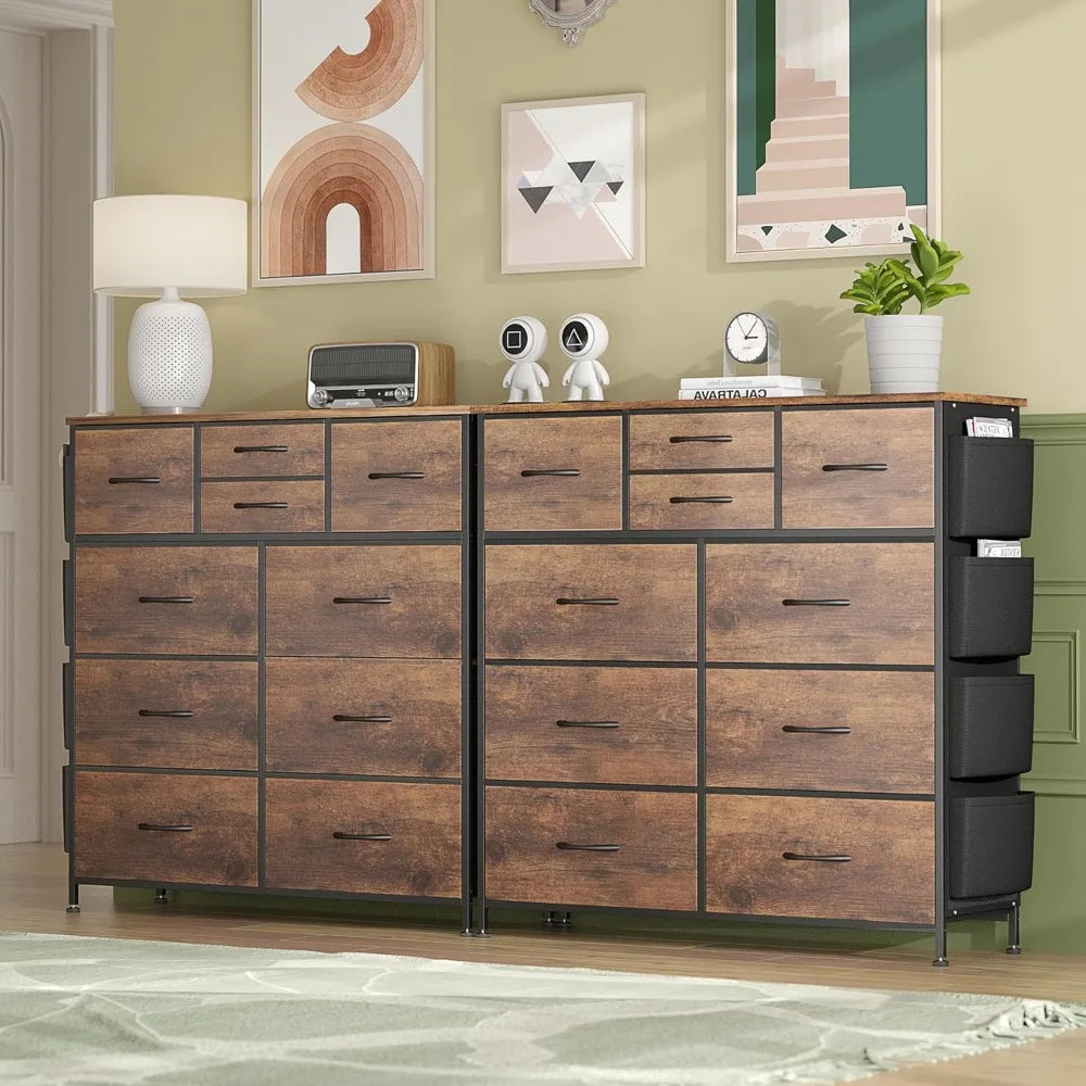 Dresser for Bedroom Chest of Drawers with Side Pockets and Hooks, Fabric Storage Organizer Unit for Living Room, Hallway, Closet