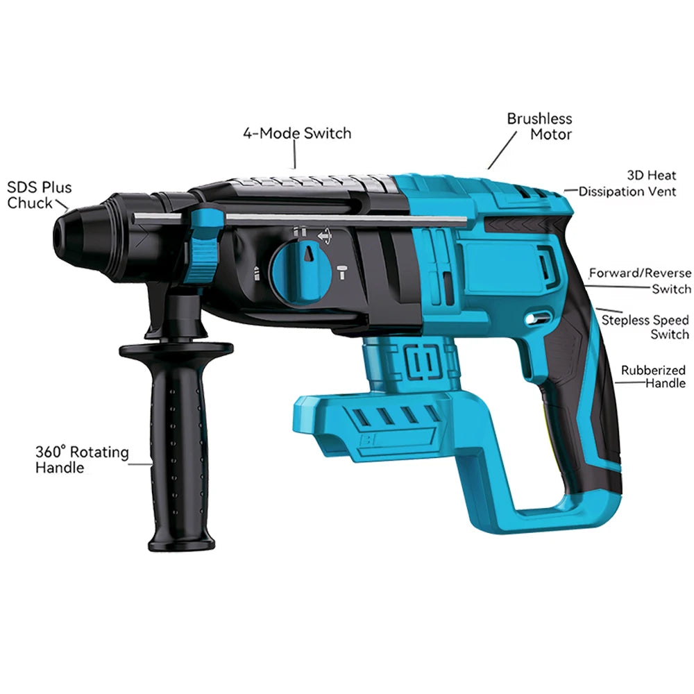 28MM Brushless Electric Hammer Drill Rotary Cordless Rechargeable Power Tools Compatible with Makita Dewalt Milw