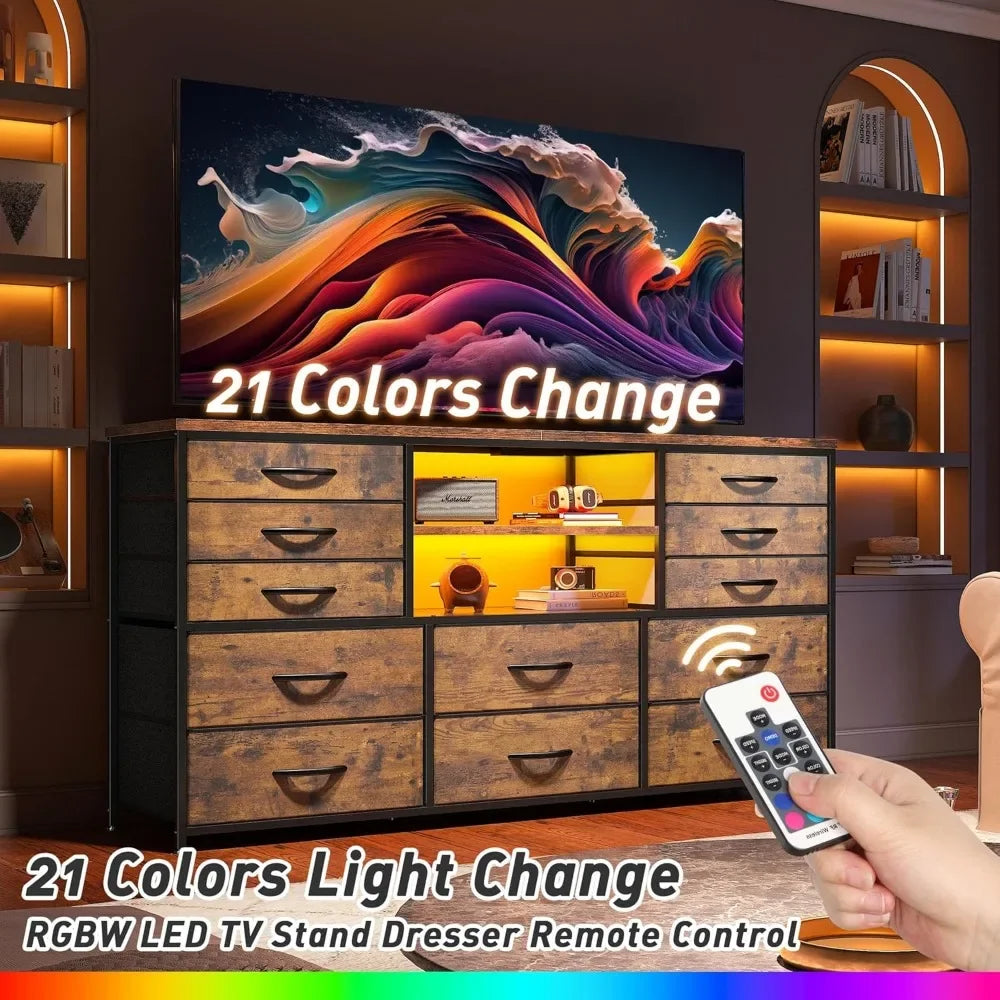 Dresser with LED Lights & Power Outlets, 12 Drawers Dresser TV Stand for 60''TV for Bedroom Dresser Fabric Dressers & Chest