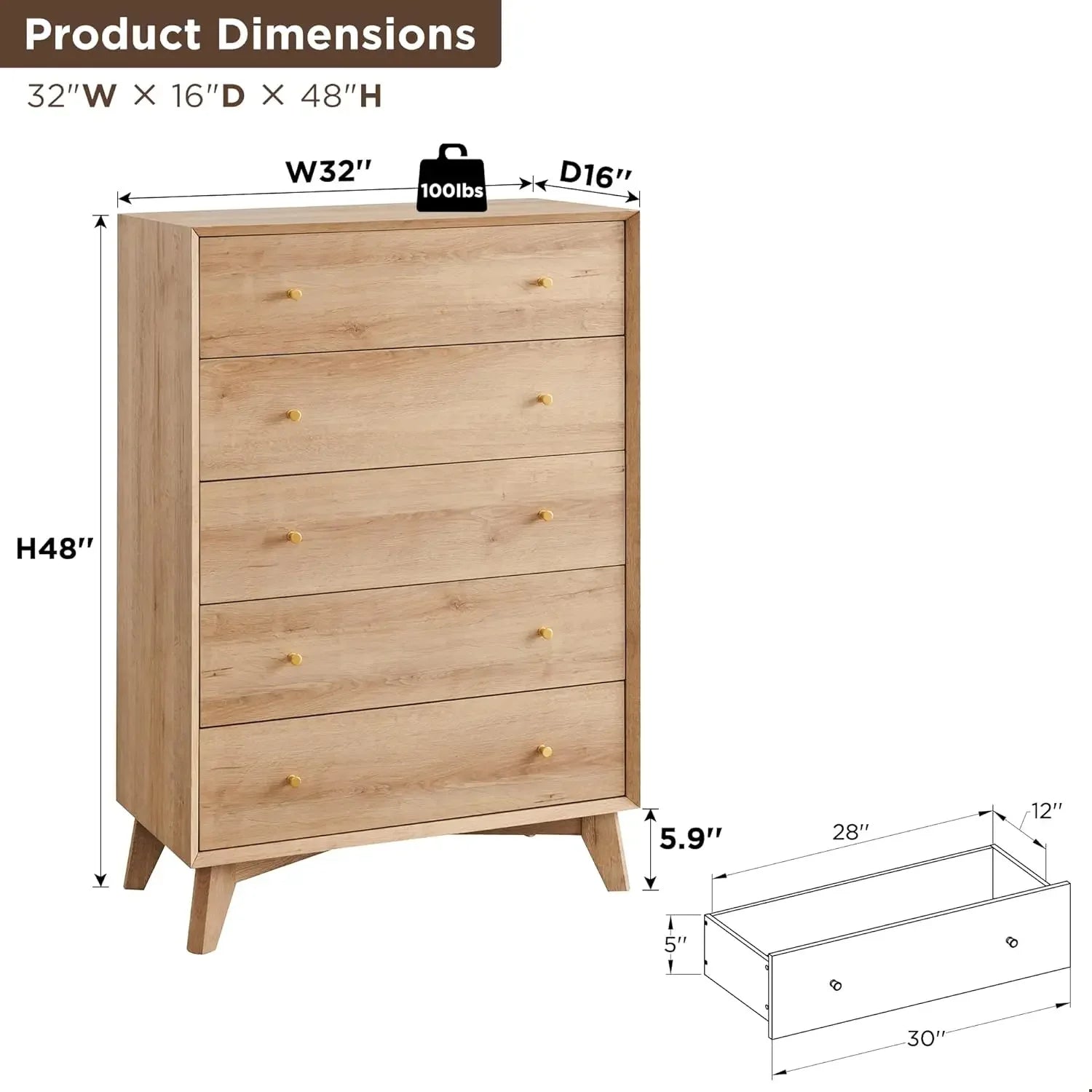 5 Drawer Dresser for Bedroom, 48" Tall Mid-Century Modern Chest of Drawers, Beveled Profile Design, Wood Drawer Organizer