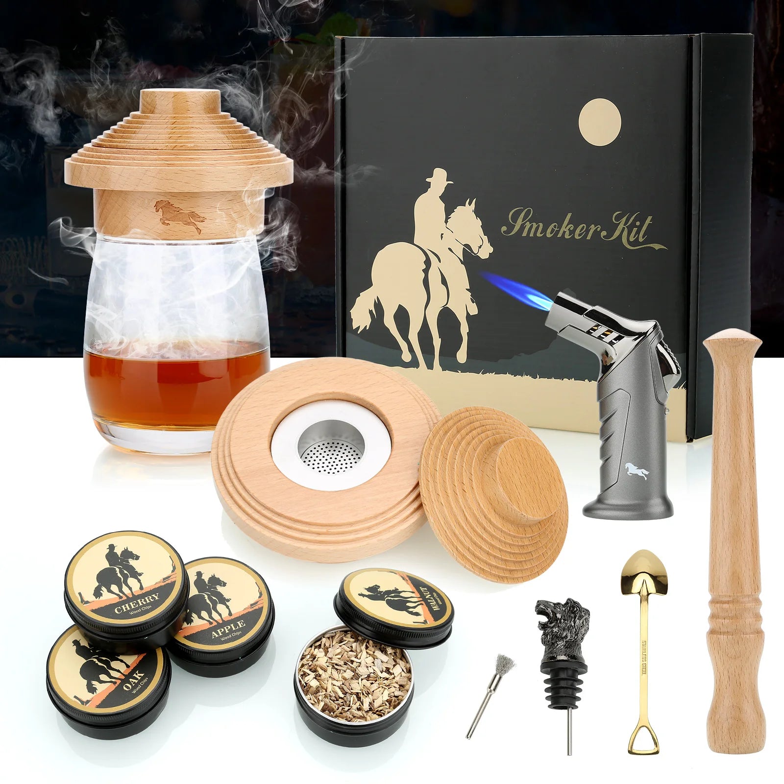 Cocktail Smoker Kit With Torch 4 Wood Chips Whiskey Stones Spoon Ice Tong Smoker Accessories Without Butane For Bartender