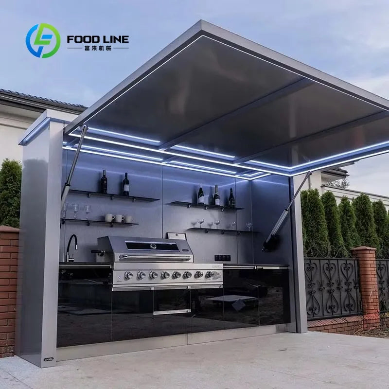 Customized Modern Portable Outdoor Kitchen Unit 8-Burner BBQ 58L Fridge Sink Acrylic Locking Swivel Casters Patio Party Catering