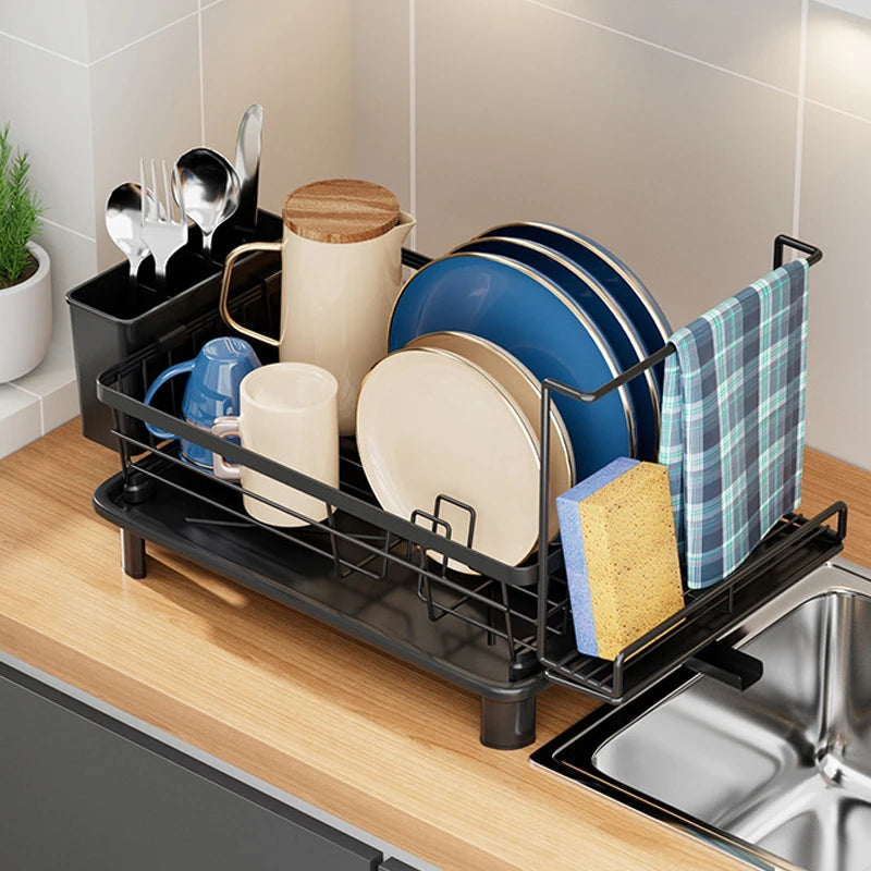 1 Kitchen Countertop Draining Rack, Draining Rack with Draining Board and Removable Utensil Holder, Space-Saving Kitchen Organizer for Home Use