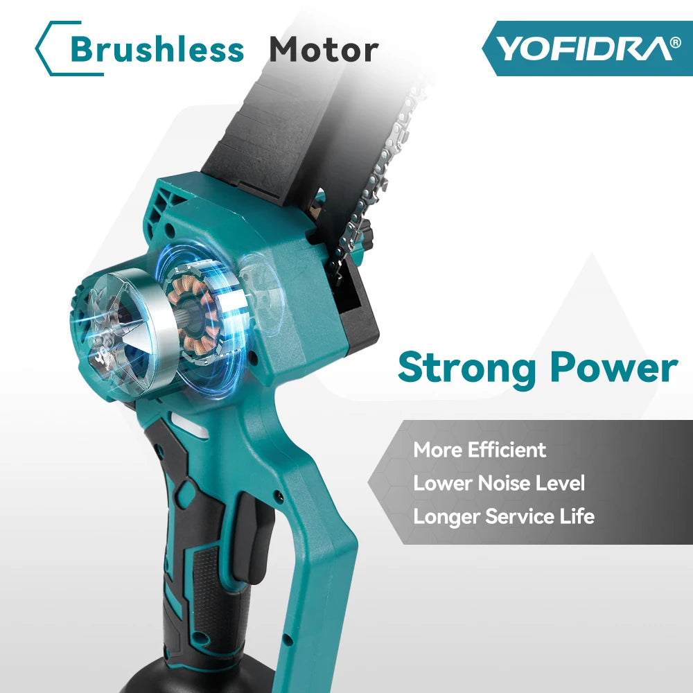 YOFIDRA 8 Inch Brushless Electric Chainsaw Cordless Rechargeable Garden Woodworking Cutting Power Tools For Makita  Battery Pin