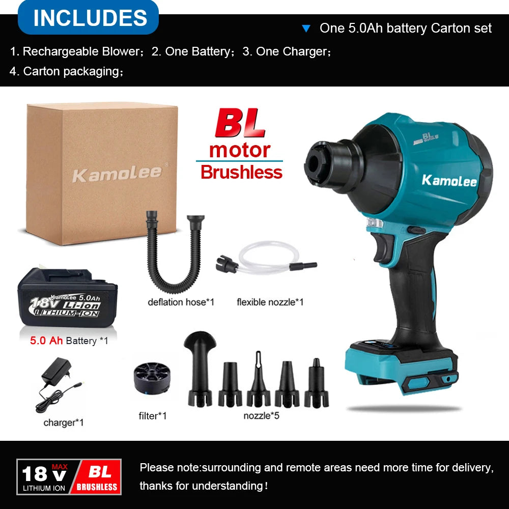 Kamolee 1100W 40500RPM Cordless  Air Blower Dust Blower Inflator Vacuum Multifunction Rechargeable Blower Apply to 18V 21V Batte