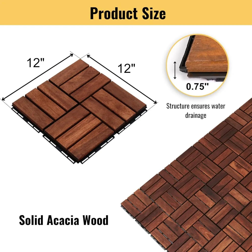 Acacia Wood Interlocking Deck Tiles-Waterproof Outdoor Floor All Weather Use, Patio Floor Decking Tiles for Porch Poolside