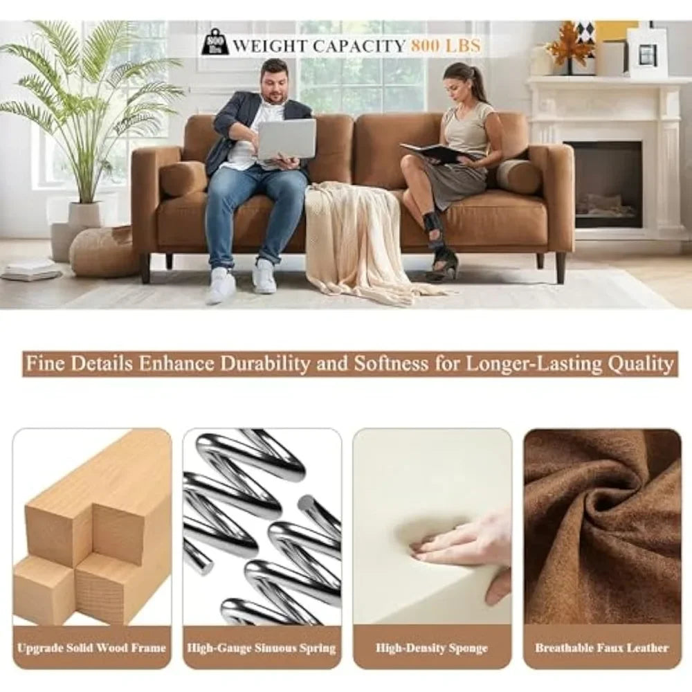 79" Mid-Century Modern Faux Leather Sofa | 3-Seat • Breathable Upholstery • Brown | Living Room/Office/Apartment