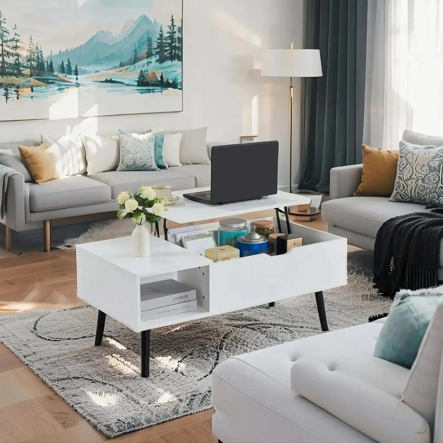 39"Wood Lift Top Coffee Table with Hidden Compartment Wood Coffee Desk with Storage Shelf Lift Tabletop Dining(White)