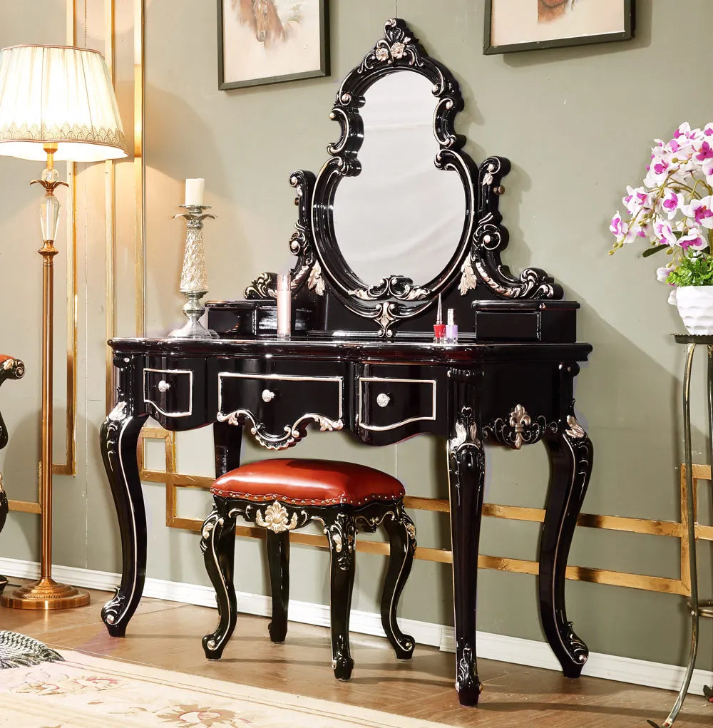 Hair Cloth Black Color Solid Wood Dresser Bedroom Furniture, Rustic Luxury Dressing Table,modern Mid Century Vanity Dresser Set
