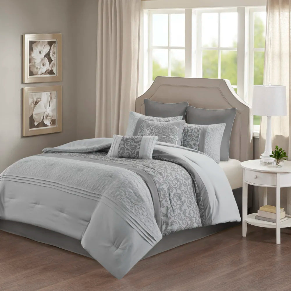 Embroidered 8 Piece Comforter Set Grey Queen
