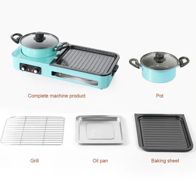 3 in 1 Korean Electric Baking Pan Soup Hot Pot Grill Plate Instant Kitchen Fondue Detachable and Washable Non-Stick Baking Pan