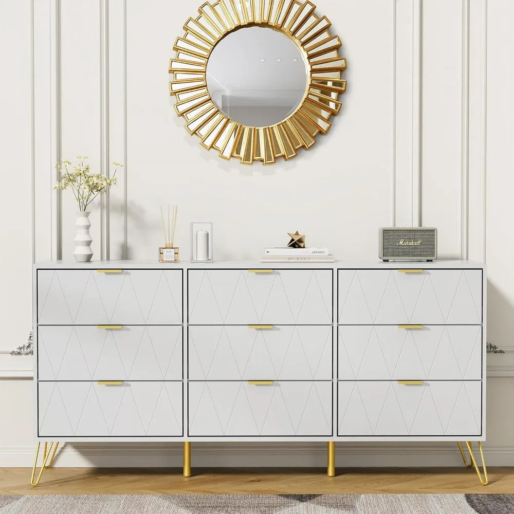 White 9 Drawer Dresser for Bedroom with Deep Drawers, Wood Dressers & Chest of Drawers with Gold Handles, Modern Long Dressers