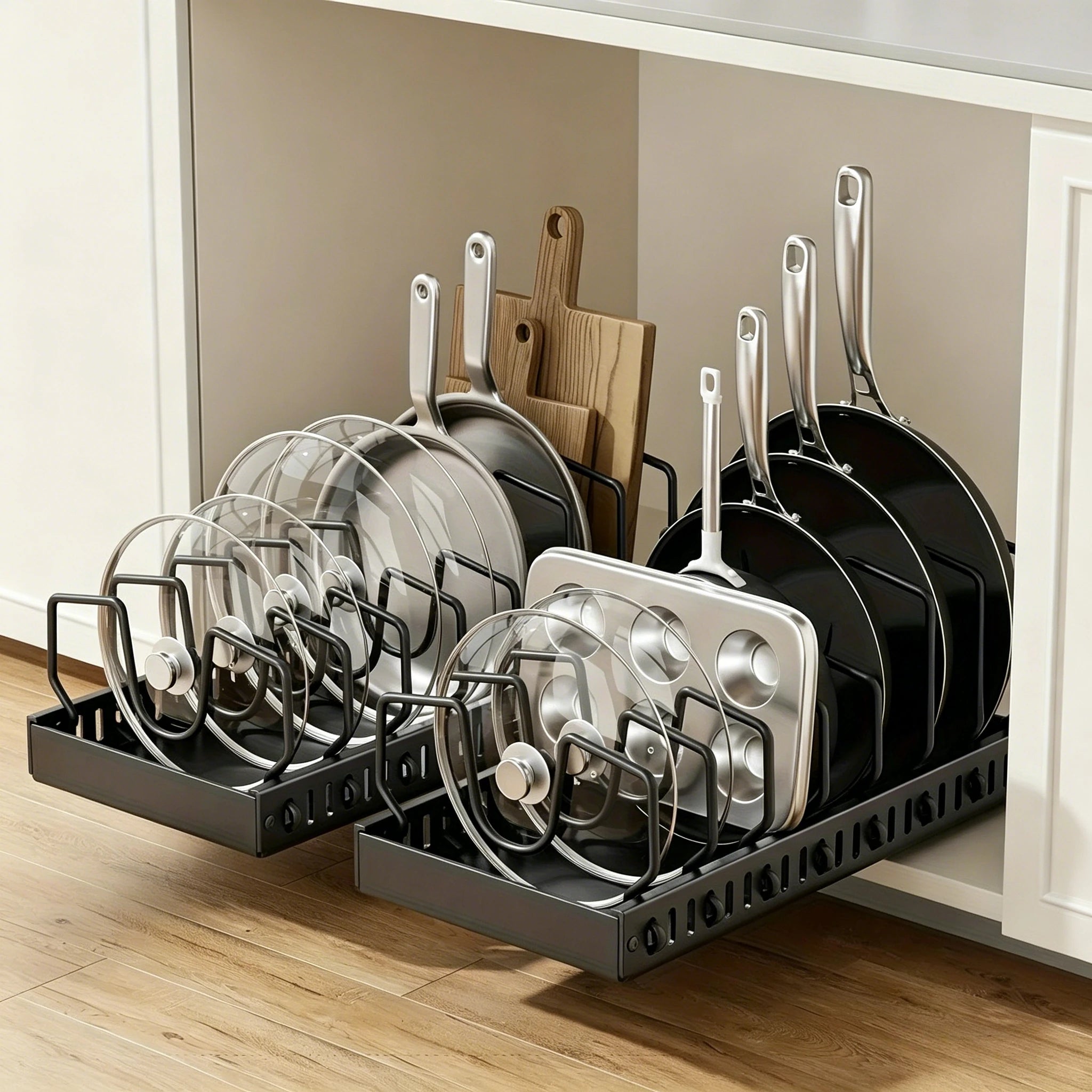 Small Kitchen Under Cabinet Pull Out Pot Pan Storage Rack 8 Removable Dividers Sliding Cookware Organizer With Pot Lid Holder