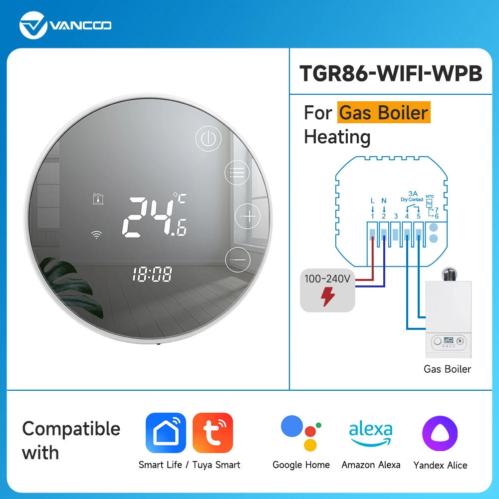 Round Floor Thermostat with LCD Mirror Screen Tuya Smart WiFi Heating Thermostat Warm Room Temperature Controller Alexa Alice