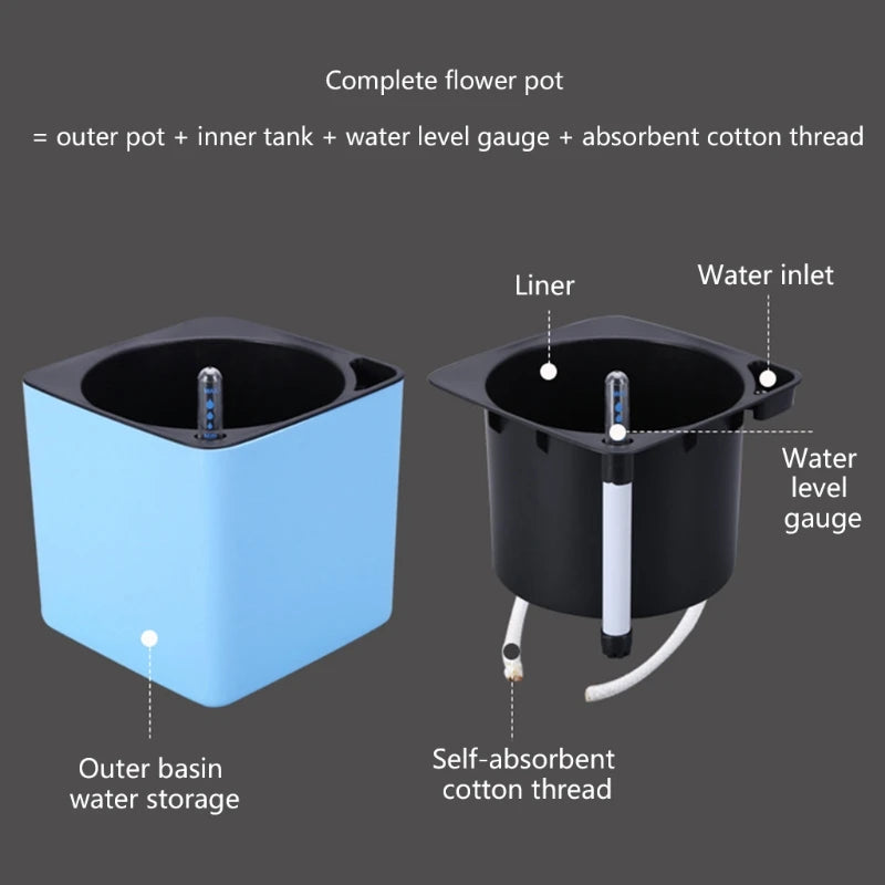 Plastic Self-Watering Flowerpot Lazy Desktop Rectangular Square Plant Flower Pot with Water Level Indicator for Office Garden