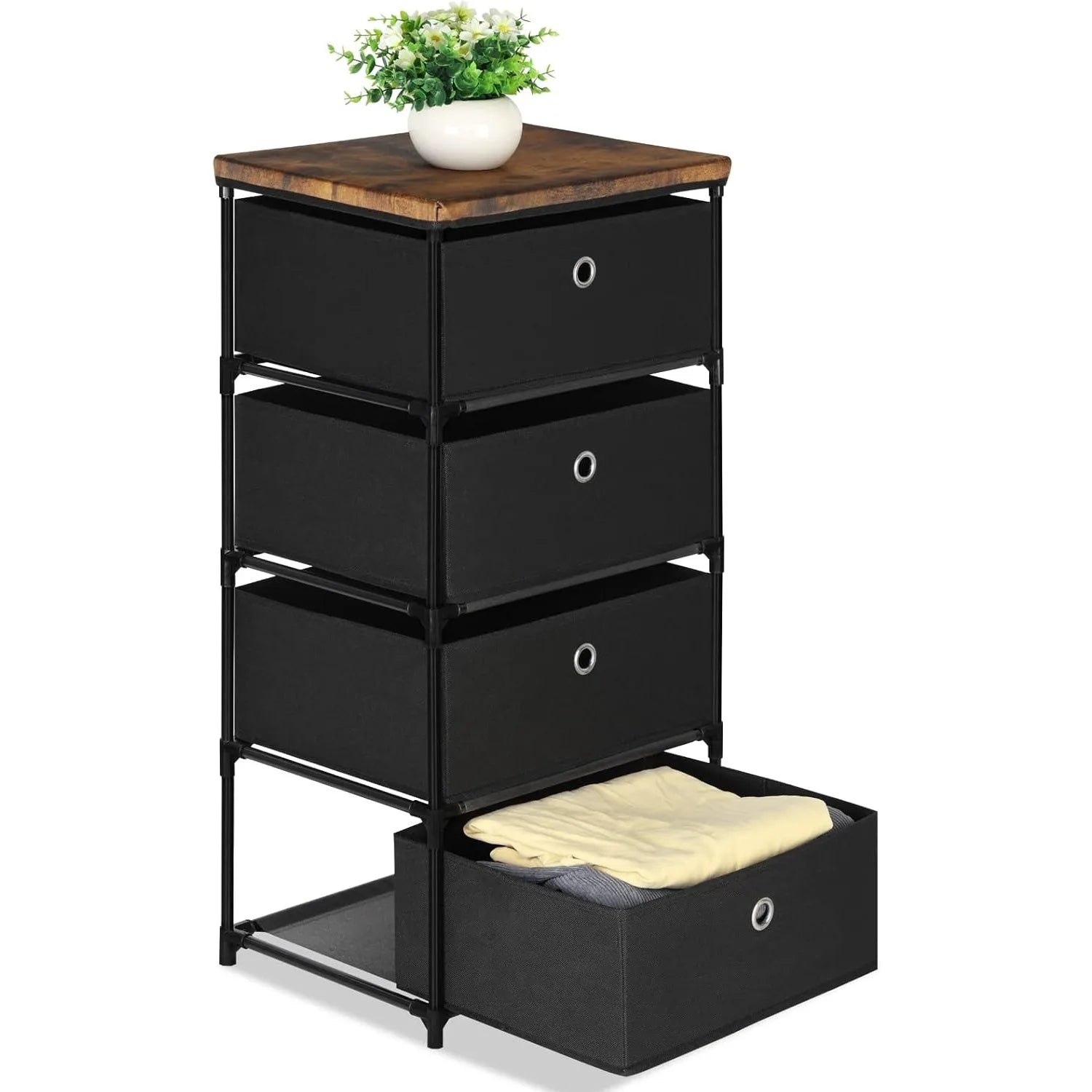 4-Drawer Fabric Closet Organizer | Foldable Clothes Storage Dresser for Bedroom/Dorm/Hallway | Easy Assembly Storage Bins, Black