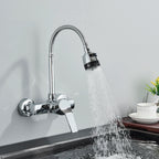 Chrome Wall Mounted Dual Hole Kitchen Faucet Lead Free Hot Cold Water Mixer Tap Stream Spray Bubbler 360 Rotation Flexible Pipe