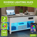 YITAHOME White & Grey 4-in-1 Coffee Table - Adjustable Height, Converts to Dining Table with Storage & LED Lighting