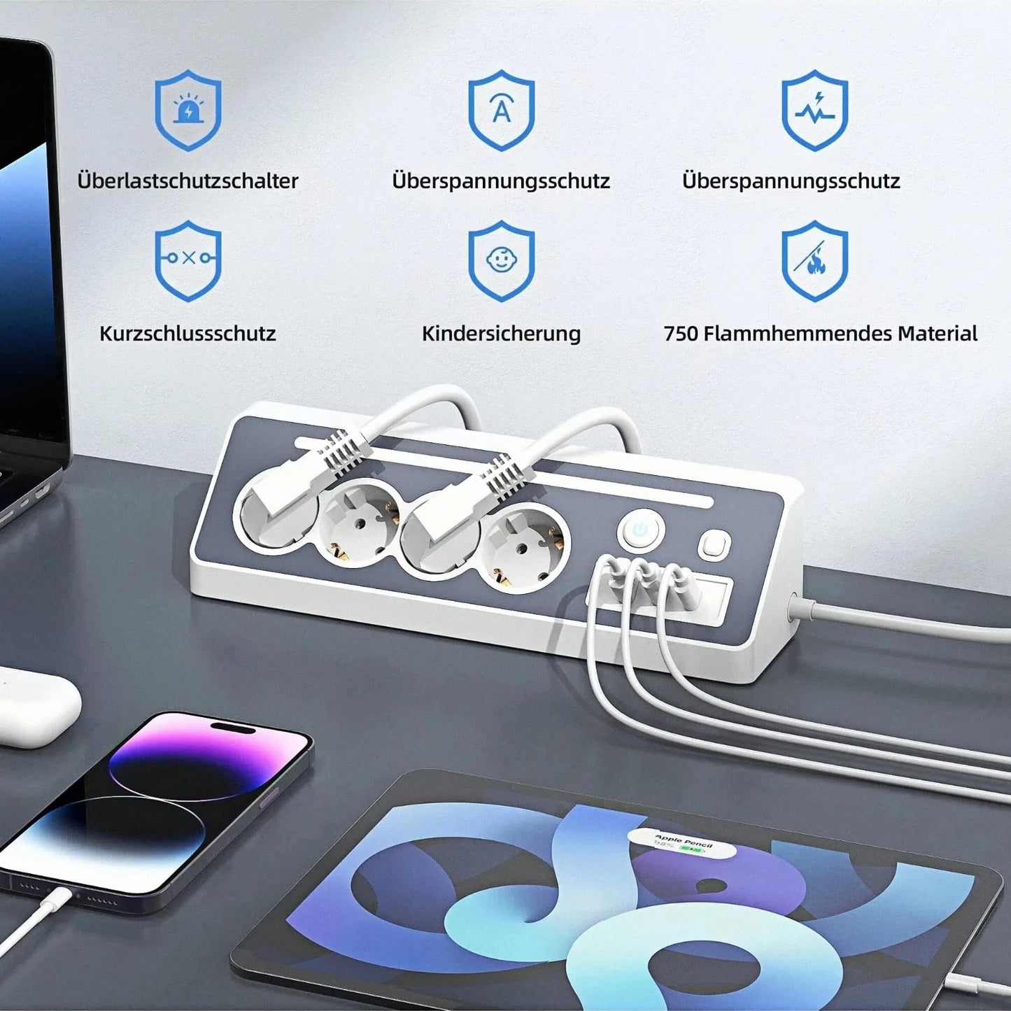 7-in-1 wall-mounted socket with night light, USB-A/C fast charging, 1.5-meter extension cable suitable for home bedrooms