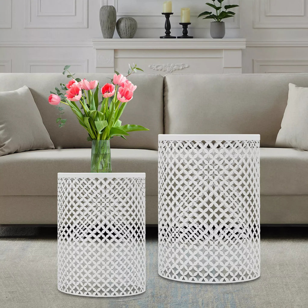 2PCS White Iron Side Table Modern Frame Accent Table Cylindrical Openwork Pattern Metal End Table