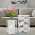 2PCS White Iron Side Table Modern Frame Accent Table Cylindrical Openwork Pattern Metal End Table