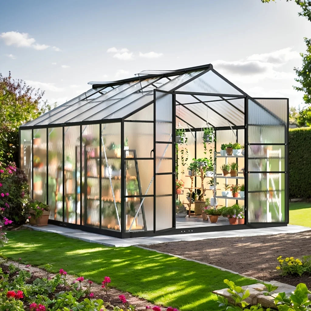 Polar Aurora 10x12FT Polycarbonate Greenhouse Aluminum Frame w/ Vent Windows - Walk-in Easy Assembly for Backyard Garden