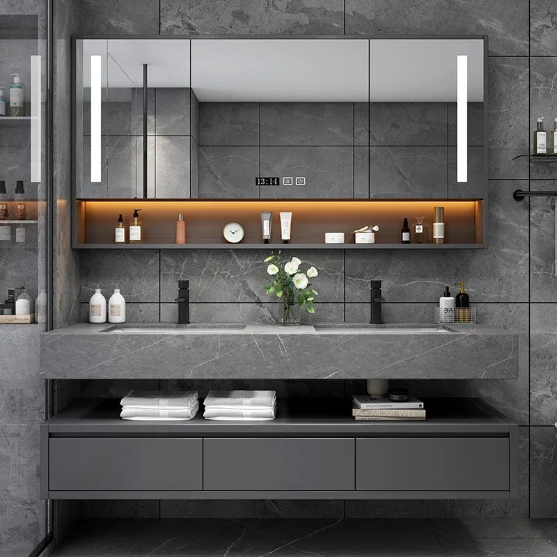 Light Luxury Panel Intelligent Bathroom Cabinet Meuble Rock Salle De Bain Wood Washbasin Double Basin Bathroom Cabinet Home