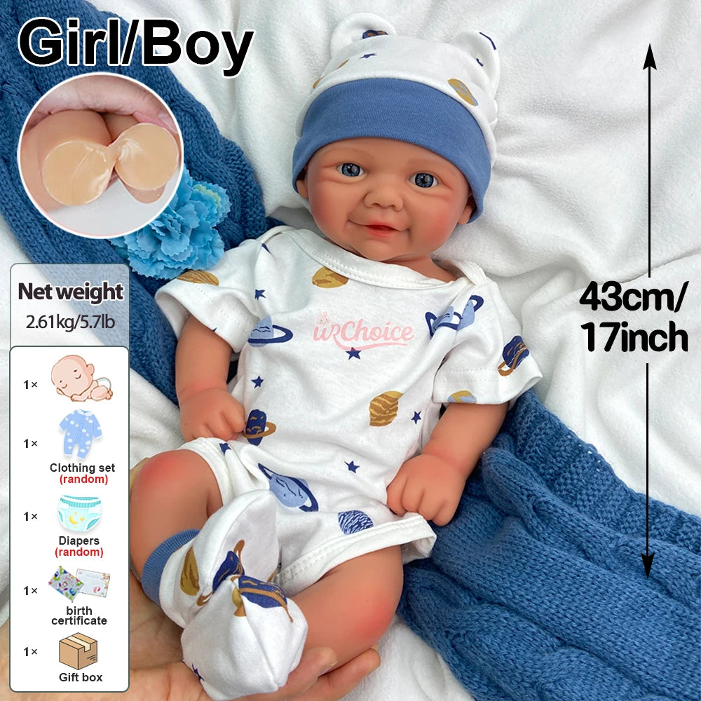 Lifelike 17Inch Baby Girl Vivienne Silicone Reborn Doll Handmade Soft Blue Eyes Adorable Rebirth Doll for Collector’s Gift