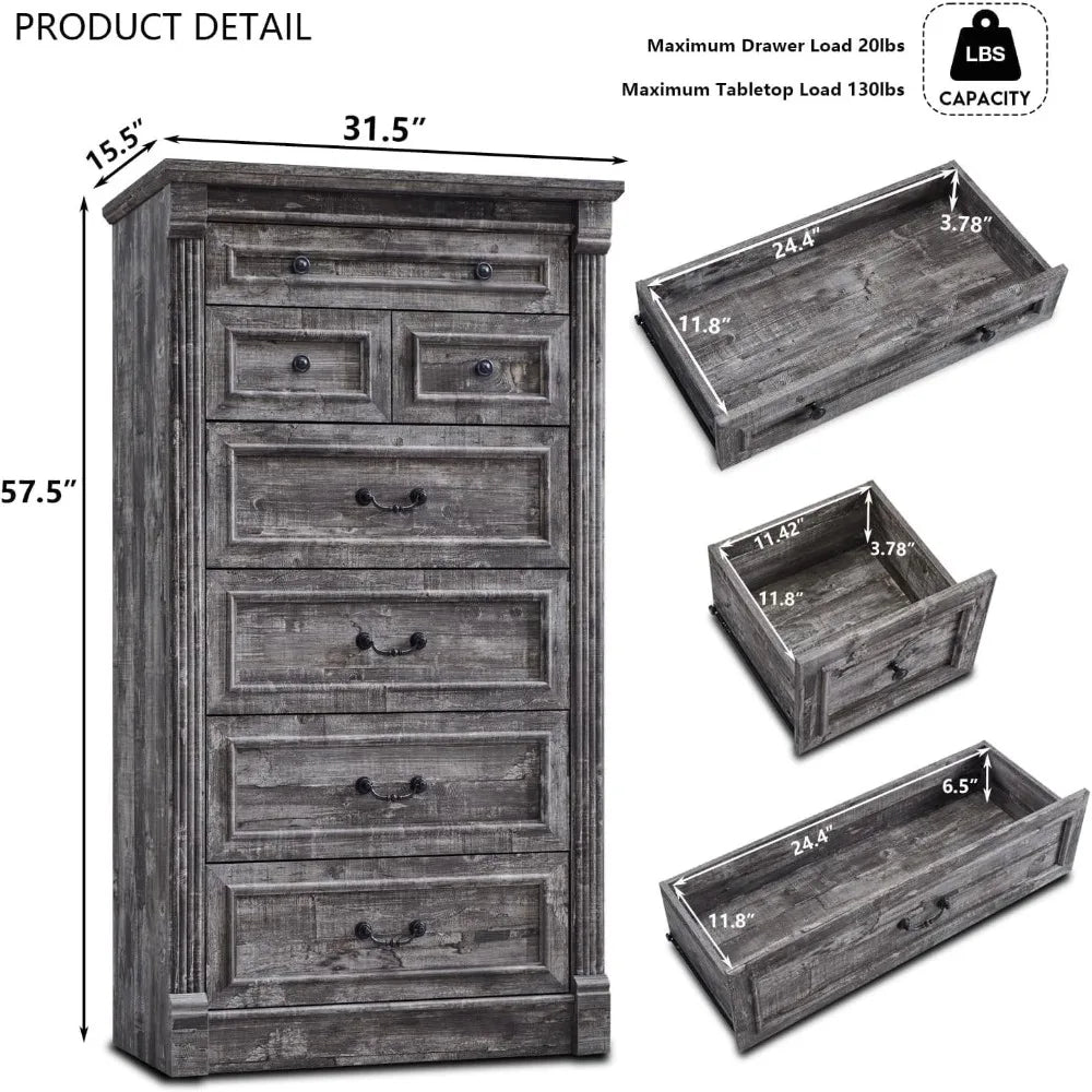 Farmhouse 7 Drawers Dresser for Bedroom, 57" Tall Large Dressers & Chests of Drawers w/Roman Column, Storage Dressers Organizer