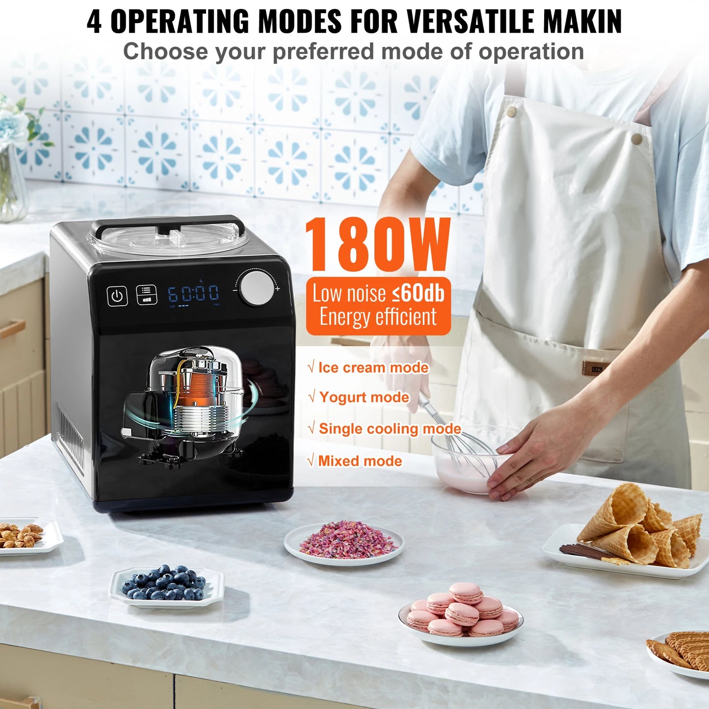 SucceBuy Upright Automatic Ice Cream Maker with Built-in Compressor 2 Quart No Pre-freezing Fruit Yogurt Machine 4 Modes