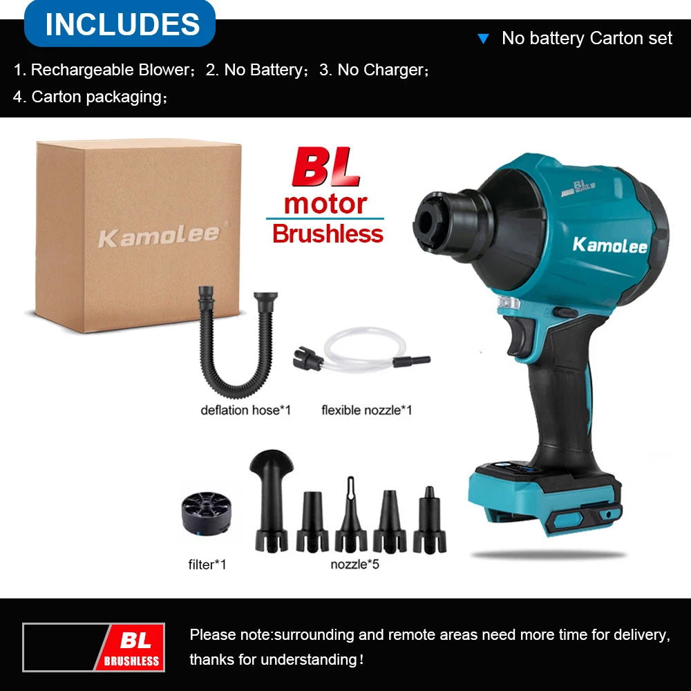 Kamolee 1100W 40500RPM Cordless  Air Blower Dust Blower Inflator Vacuum Multifunction Rechargeable Blower Apply to 18V 21V Batte