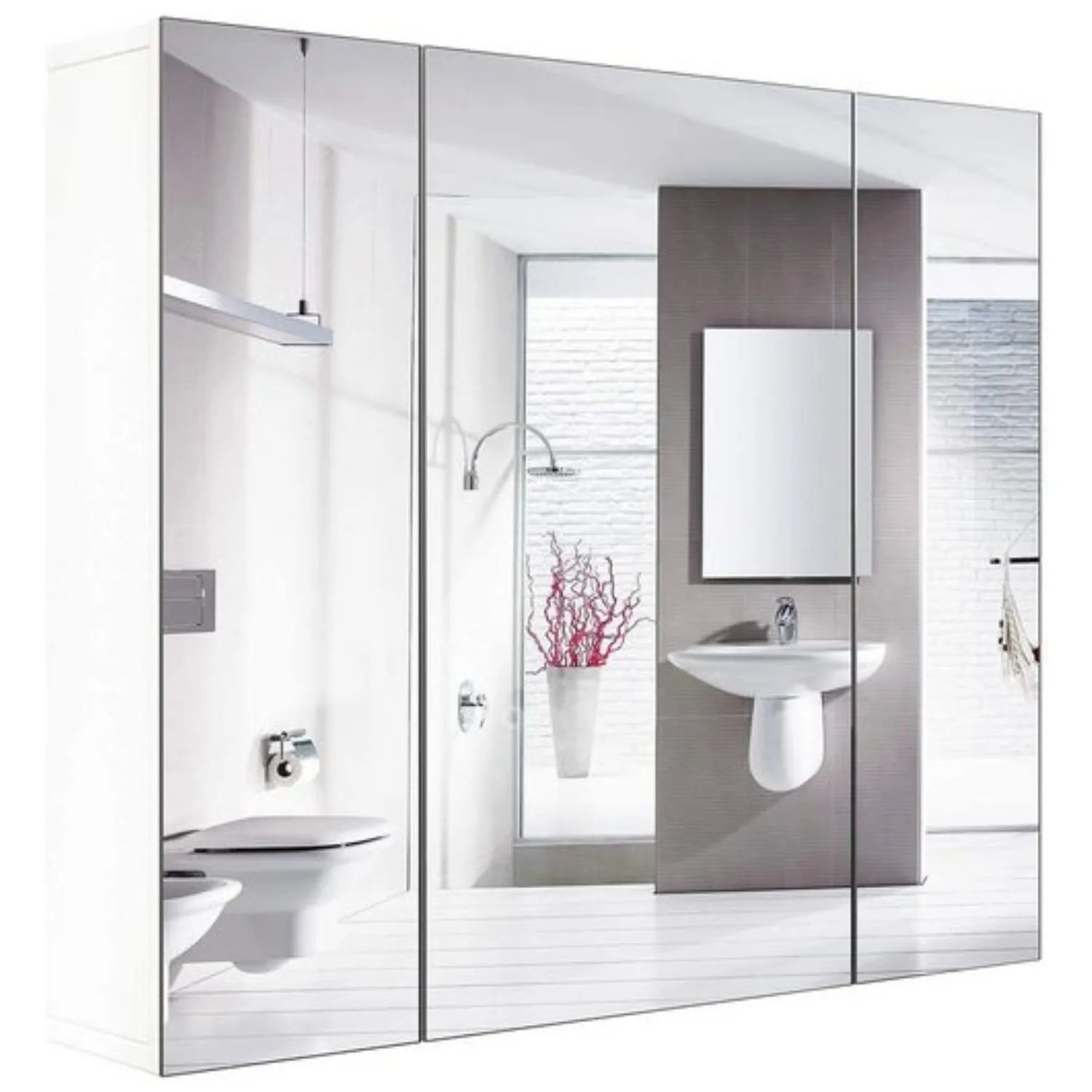 Getone Mirror Cabinet Bathroom Cabinet 3 Doors Bathroom Mirror Cabinet White 70x60x15cm Wood