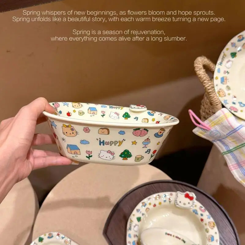 Hellokitty Cartoon Kawaii Ceramic Tableware Household Rice Bowls Sand Bowls Household Vegetable Dishes Complete Set of Tableware