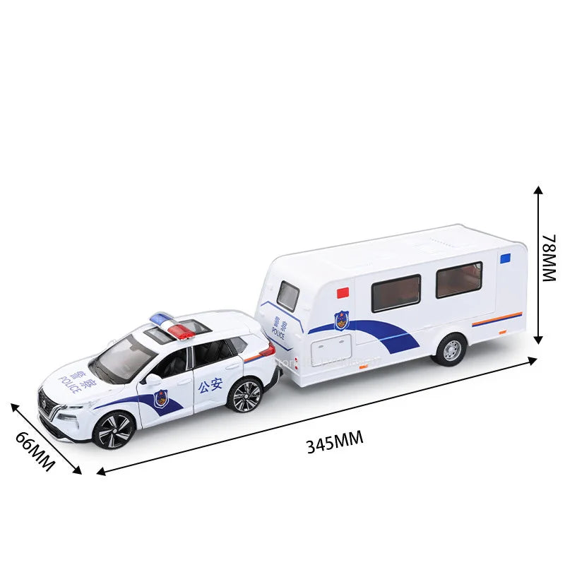1:32 X-TRAIL Toy Model Cars Alloy Diecast Police Car Pull Back Doors Opened Sound Light Rubber Tires Camping RV Gifts for Boys