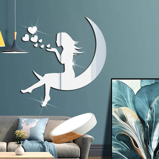 Girls Moon 3D Mirror Stickers Acrylic Self-Adhesive Wall Paper Diy  Modern Acrylic Mirror Sticker Frame Living Room Home Decor