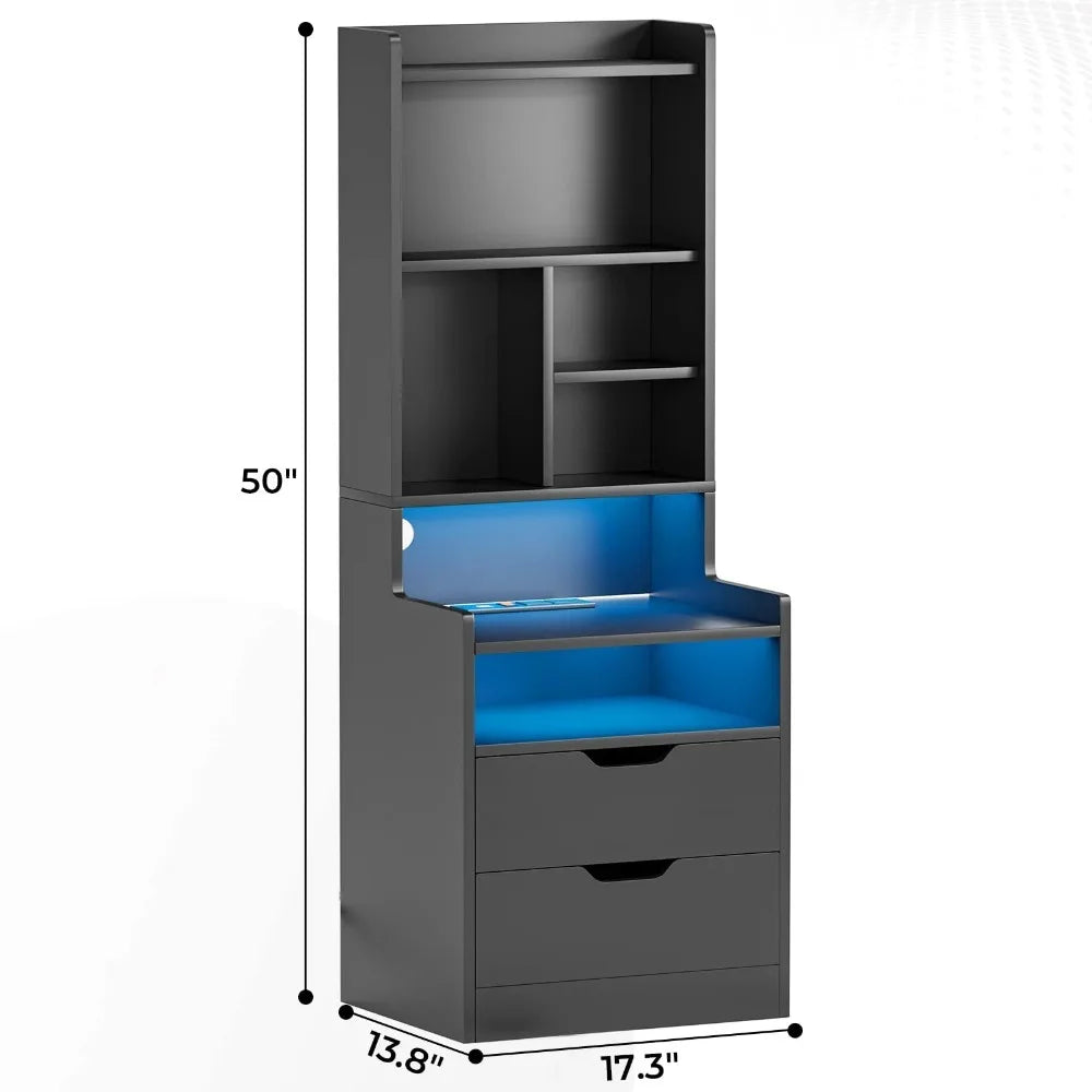 High Leg Bedside Table with Charging Station and LED Light, Bedside Table with Bookshelf, Bedside Table with Drawers, Black