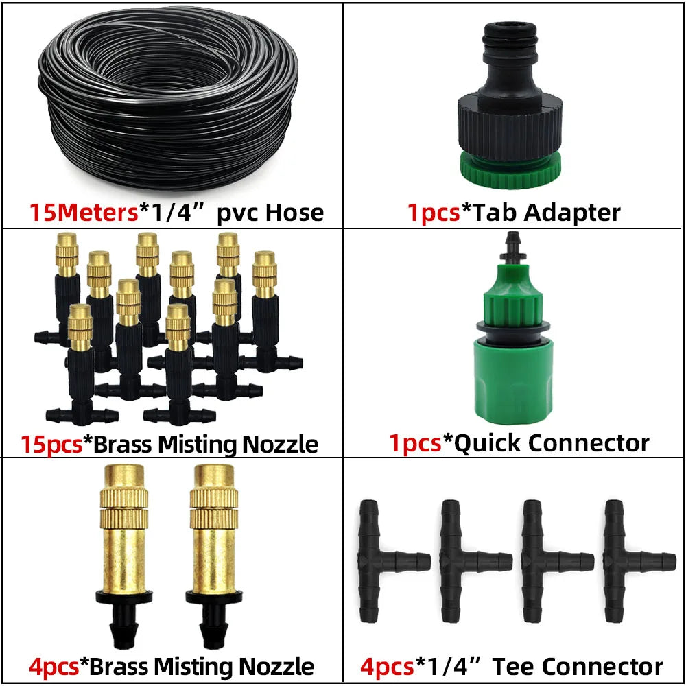 15M-30M Outdoor Misting Cooling System Garden Irrigation Watering 1/4'' Brass Atomizer Nozzles 4/7mm Hose for Patio Greenhouse