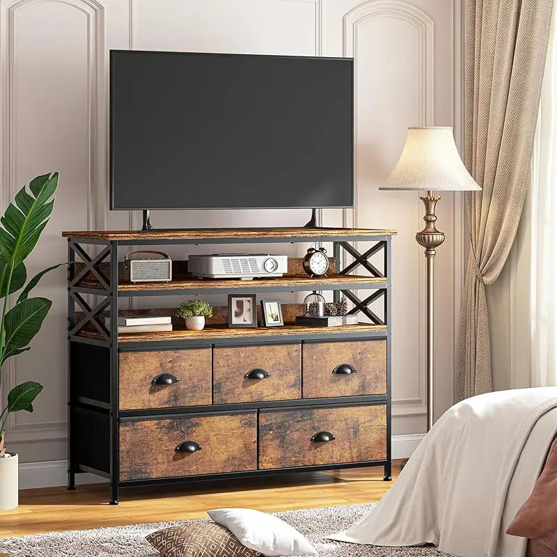 TV Stand 50" TV, Sturdy Dresser for Bedroom with 5 Fabric and Wood Open Shelves, Dressers & Chest of Drawers