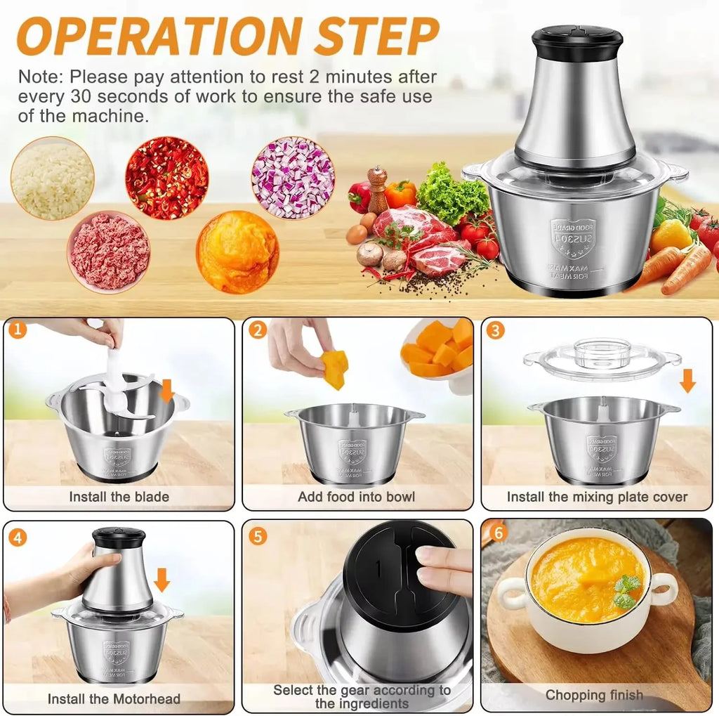 New Electric Meat Grinder Stainless Steel Food Processor Chopper Kitchen Utensils Vegetable and Fruit Chopper Household Grinder