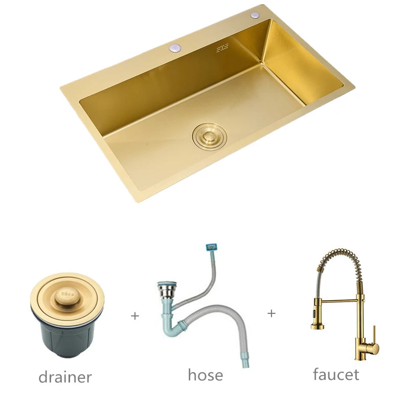 Gold Kitchen Sink Above Counter 304 Stainless Steel Single Bowl Goldn Basket Drainer Soap Dispenser Washing Basin