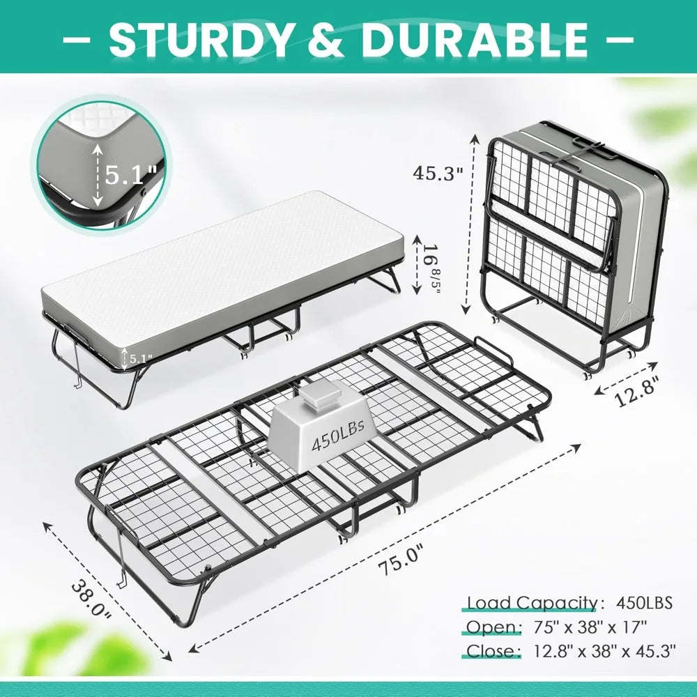Folding Bed with 5 Inch Mattress, 75” x 38” Portable Rollaway Bed with Memory Mattress and Metal Frame for Adults,Guest