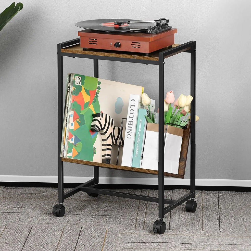 Record player stand, turntable stand with wheels, bedside table, record player table with album storage rack