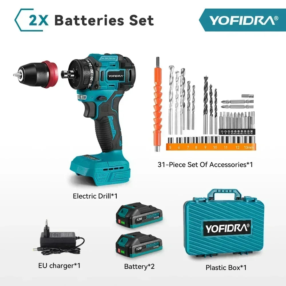 YOFIDRA 2 in1 Brushless Electric Screwdriver Hammer Cordless Drill Impact Multifunctional Power Tool For Makita 18V Battery Pin