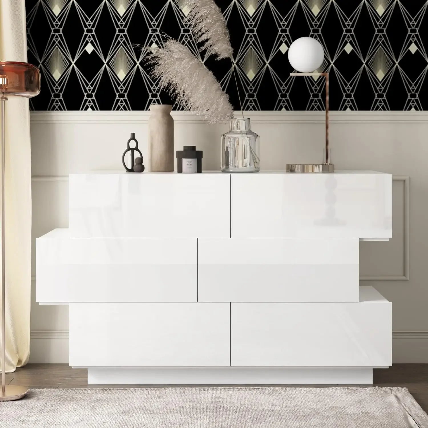 6 Drawer Double Dresser with Modern Faces, Wood Dresser Chest with Decor Drawers and Golden Handles, Storage Chest of Drawers